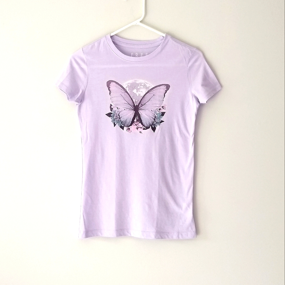 Free State Pastel Lilac Short Sleeve T-Shirt Butterfly Flowers Earth Moon Small